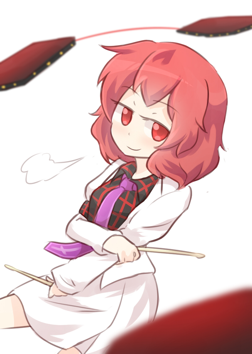 1girl arm_holding drum drum_set drumsticks horikawa_raiko instrument jacket leaning_over long_sleeves looking_at_viewer necktie open_clothes open_jacket plaid plaid_shirt red_eyes redhead short_hair simple_background skirt smirk solo touhou white_background wool_(miwol)