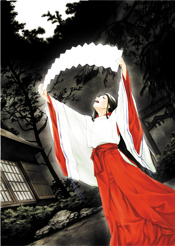 1girl architecture black_hair bush chihaya_(clothing) commentary_request dutch_angle east_asian_architecture feet_out_of_frame forest holding holding_paper japanese_clothes kimono long_hair looking_up miko morino_kiriko nature open_mouth original paper red_skirt rock shouji skirt sliding_doors solo standing tree wide_sleeves