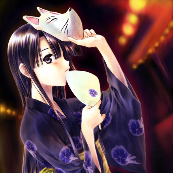 1girl bangs black_hair blunt_bangs blurry blurry_background brown_eyes commentary_request dutch_angle fan fox_mask holding holding_fan japanese_clothes kimono lantern long_hair looking_at_viewer looking_to_the_side mask mask_on_head morino_kiriko night obi open_mouth original outdoors paper_fan paper_lantern purple_kimono sash solo uchiwa upper_body wide_sleeves yellow_sash yukata