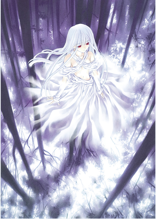 1girl bangs breasts closed_mouth collarbone commentary_request expressionless eyebrows_visible_through_hair forest full_body long_hair looking_to_the_side morino_kiriko nature navel original perspective purple_theme red_eyes skirt small_breasts solo traditional_media tree upside-down watercolor_(medium) white_hair white_skirt