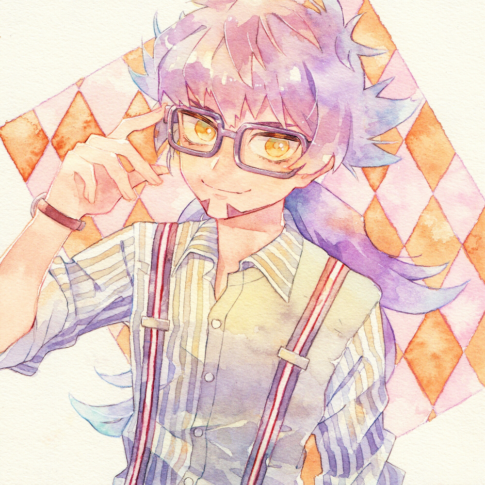1boy alternate_costume bangs bespectacled buttons closed_mouth collared_shirt facial_hair glasses hand_up leon_(pokemon) long_hair male_focus pokemon pokemon_(game) pokemon_swsh purple_hair rrrpct shiny shiny_hair shirt sleeves_rolled_up smile solo suspenders symbol_commentary traditional_media watch watch watercolor_(medium) yellow_eyes