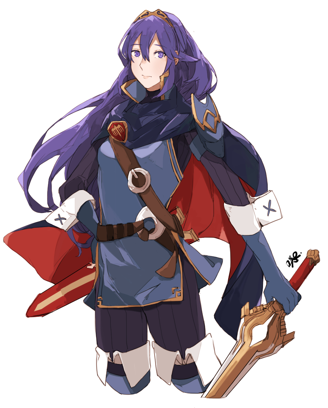 1girl blue_eyes blue_hair breasts closed_mouth fire_emblem fire_emblem_awakening gloves highres long_hair looking_at_viewer lucina_(fire_emblem) sakuremi simple_background solo sword tiara weapon white_background