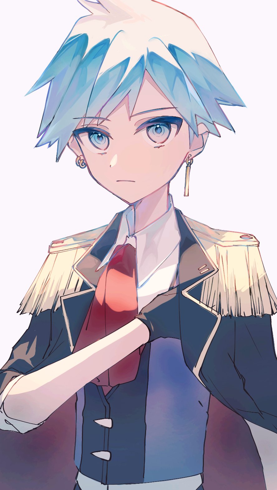 1boy adapted_costume aqua_eyes aqua_hair bangs closed_mouth collared_shirt commentary_request earrings epaulettes gloves hand_up highres jacket jewelry male_focus necktie open_clothes open_jacket pokemon pokemon_(game) pokemon_oras red_necktie shirt short_hair simple_background solo spiky_hair steven_stone sumeragi1101 upper_body vest white_background white_shirt