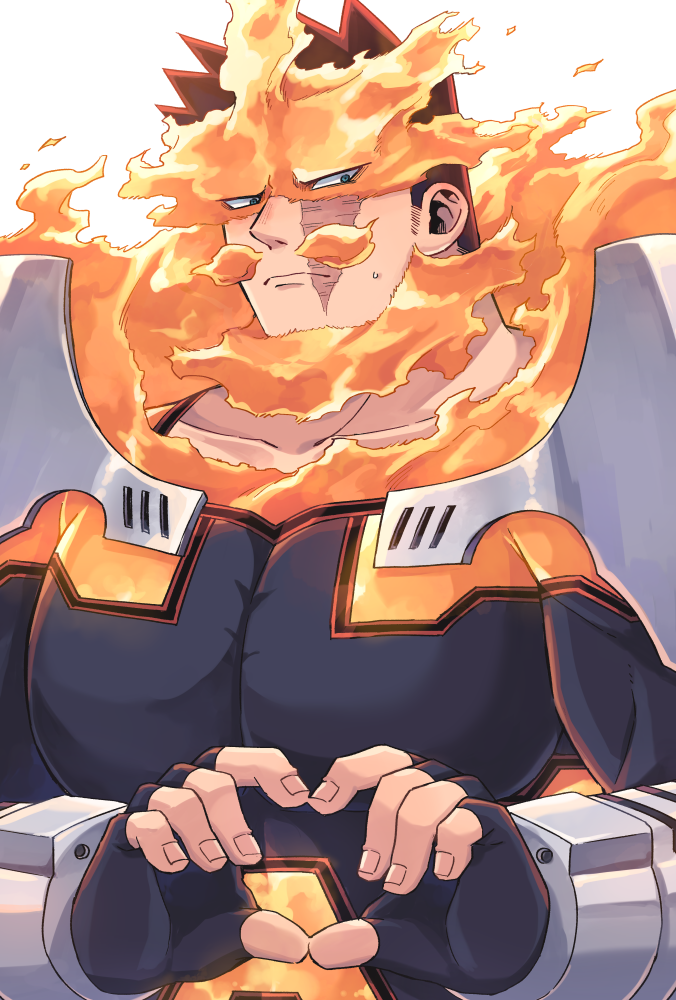 1boy armor beard blue_bodysuit blue_eyes bodysuit boku_no_hero_academia closed_mouth collarbone commentary_request facial_hair facing_viewer fingerless_gloves fingernails fire furrowed_eyebrows gloves heart heart_hands large_pectorals looking_away looking_to_the_side male_focus miso_(mimimiso) multiple_sources muscular muscular_male pauldrons pectorals redhead scar scar_across_eye short_hair shoulder_armor sideburns simple_background solo spiky_hair sweatdrop todoroki_enji upper_body vambraces white_background