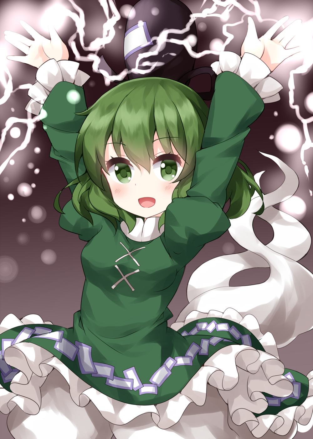 1girl bangs black_background black_headwear breasts cross-laced_clothes dress frilled_dress frills ghost_tail green_dress green_eyes green_hair hair_between_eyes hat highres lightning lightning_bolt long_sleeves looking_at_viewer medium_breasts ofuda_on_clothes open_mouth ruu_(tksymkw) short_hair smile soga_no_tojiko solo tate_eboshi touhou