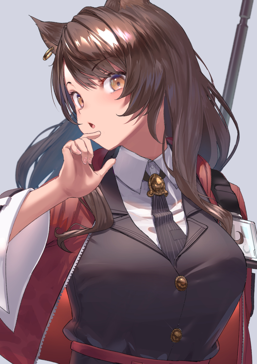 1girl :o animal_ears arknights bangs black_neckwear black_vest blush breasts brown_hair cat_ears collared_shirt earrings eyebrows_visible_through_hair fingernails grey_background hand_up highres jacket jewelry large_breasts long_fingernails long_hair looking_at_viewer necktie open_clothes open_jacket open_mouth orange_eyes red_jacket satsuki_neko shirt simple_background skyfire_(arknights) solo swept_bangs unzipped upper_body vest white_shirt