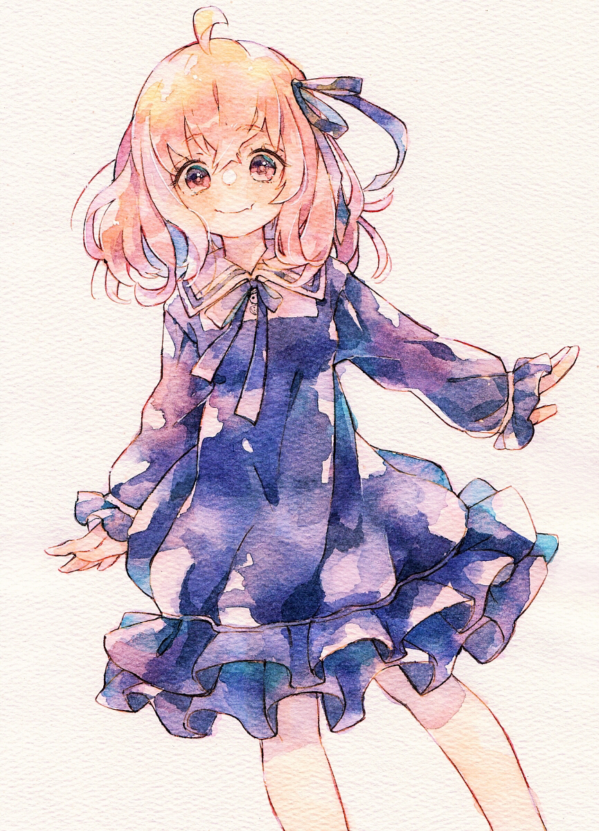 1girl ahoge bangs character_request closed_mouth collared_dress commentary_request copyright_request dress eyebrows_visible_through_hair eyelashes fang frills hair_ribbon highres long_hair long_sleeves looking_at_viewer purple_dress ribbon rrrpct shiny shiny_hair skin_fang smile solo traditional_media watercolor_(medium)