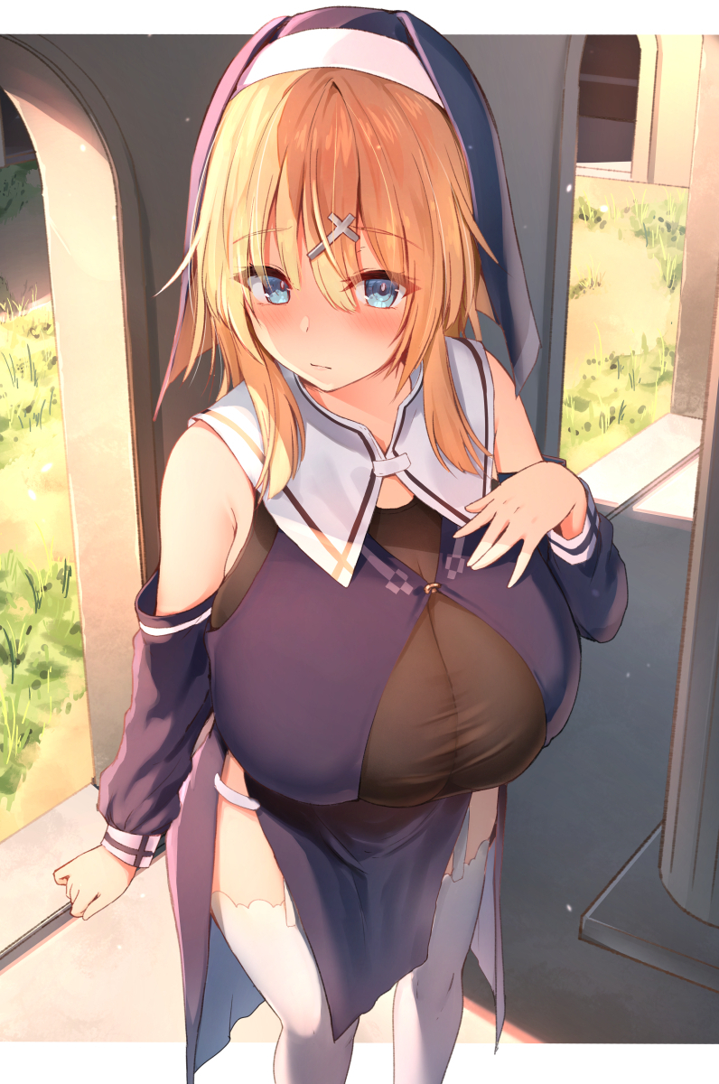 1girl bangs black_shirt blonde_hair blue_eyes blush breasts closed_mouth clothing_cutout commentary_request cross_hair_ornament detached_collar dress eyebrows_visible_through_hair eyes_visible_through_hair garter_straps habit hair_ornament hand_on_own_chest highres huge_breasts long_hair long_sleeves looking_at_viewer nun original purple_dress see-through shirt shoulder_cutout solo standing sune_(mugendai) taut_clothes taut_shirt thigh-highs white_legwear