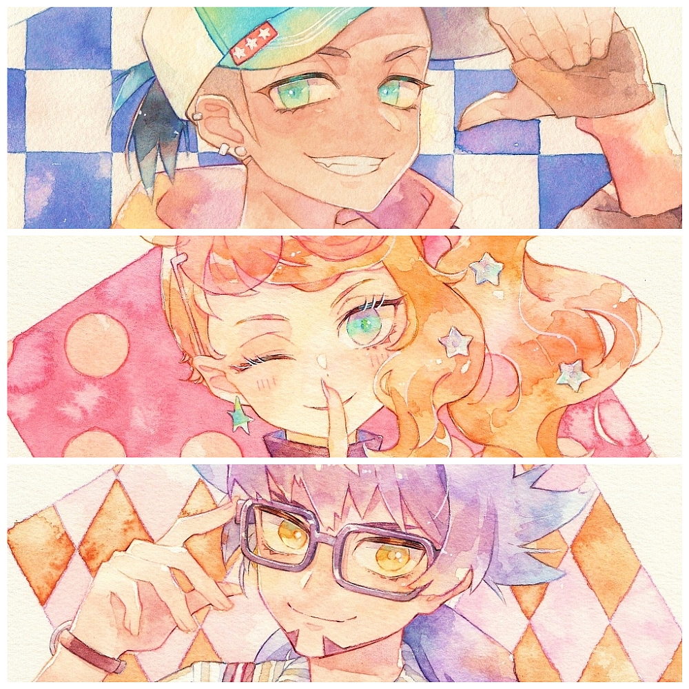 1girl 2boys baseball_cap bespectacled blush clenched_teeth closed_mouth ear_piercing earrings eyelashes facial_hair glasses green_eyes grin hair_ornament hand_up hat index_finger_raised jewelry leon_(pokemon) long_hair multiple_boys one_eye_closed orange_hair piercing pokemon pokemon_(game) pokemon_swsh purple_hair raihan_(pokemon) rrrpct smile sonia_(pokemon) star_(symbol) star_hair_ornament symbol_commentary teeth traditional_media undercut watch watch watercolor_(medium)