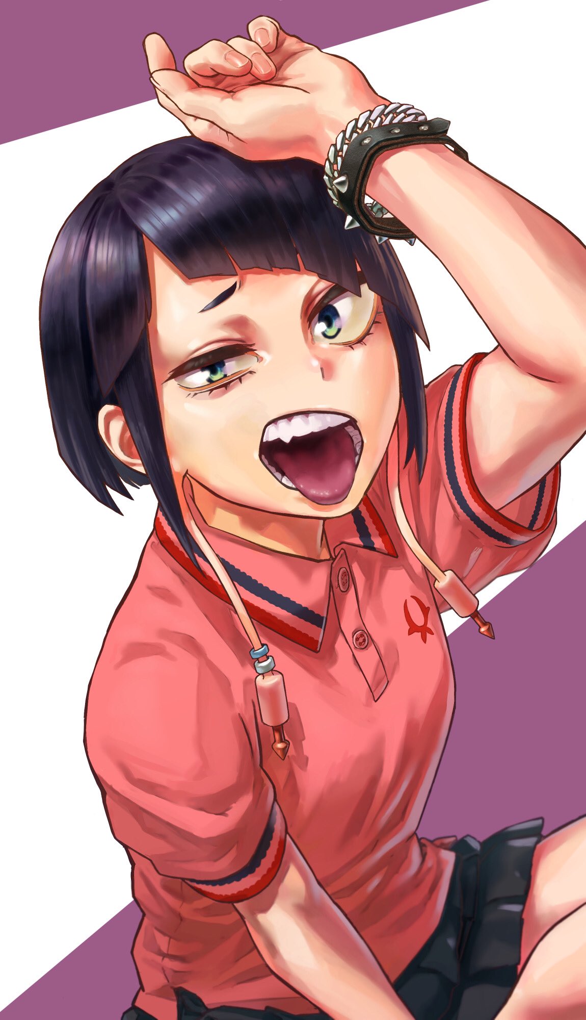 1girl bangs black_hair black_skirt blunt_bangs boku_no_hero_academia bracelet chain commentary_request green_eyes highres jack_plug jewelry jirou_kyouka official_alternate_costume open_mouth pink_shirt pleated_skirt purple_background shirt short_hair sidelocks skirt solo spiked_bracelet spikes tongue tongue_out two-tone_background white_background yomoyama_yotabanashi