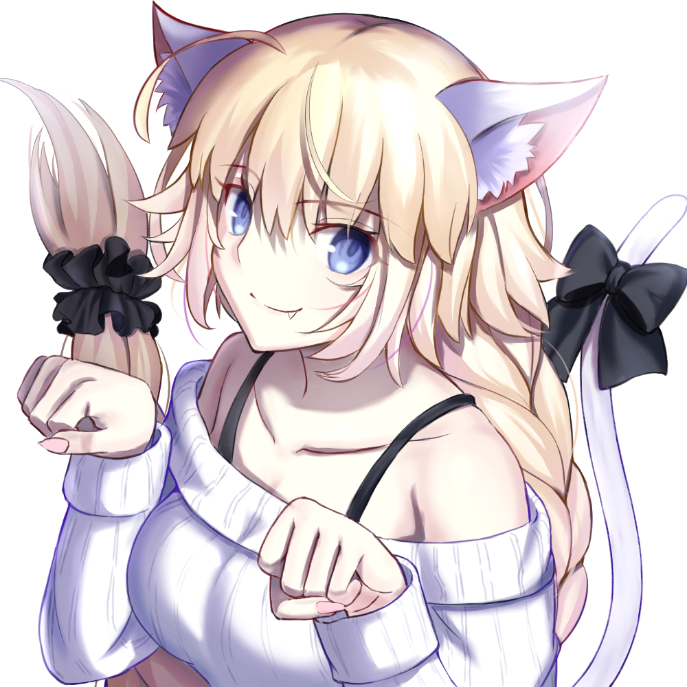 1girl ahoge animal_ears bare_shoulders blonde_hair breasts cat_ears cat_girl cat_tail collarbone eyebrows_visible_through_hair eyes_visible_through_hair fang fate/grand_order fate_(series) hair_between_eyes jeanne_d'arc_(fate) jeanne_d'arc_(fate)_(all) long_hair looking_at_viewer neko_daruma nekodaruma_new paw_pose simple_background solo tail upper_body white_background