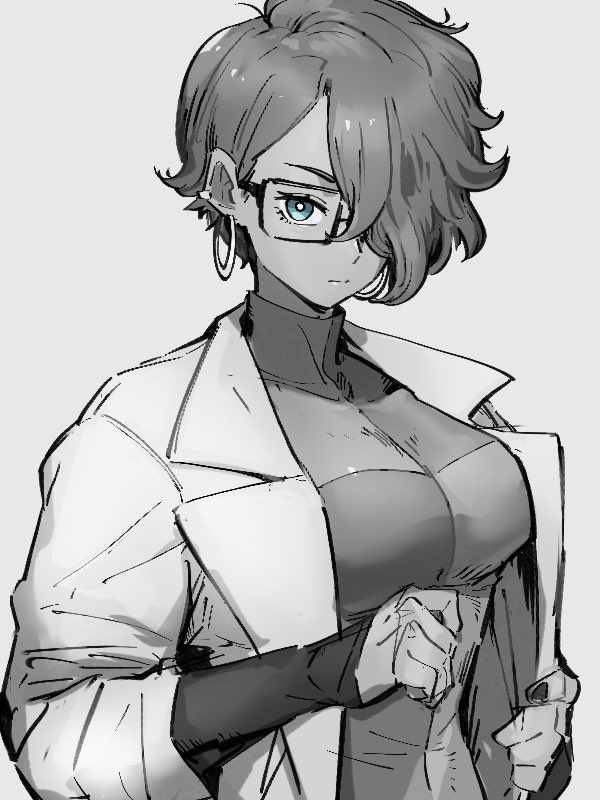 1girl alternate_hair_length alternate_hairstyle android_21 blue_eyes breasts checkered checkered_dress dragon_ball dragon_ball_fighterz dress earrings glasses grey_background greyscale hair_between_eyes hoop_earrings jewelry kemachiku labcoat large_breasts looking_at_viewer monochrome short_hair simple_background solo