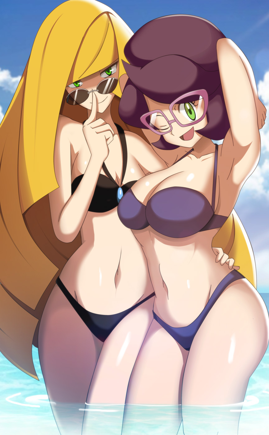 beach bikini blonde_hair blue_sky breasts finger_to_mouth glasses green_eyes highres large_breasts long_hair lusamine_(pokemon) medium_breasts ocean pokemon purple_hair short_hair sky smile sunglasses swimsuit very_long_hair vivivoovoo wicke_(pokemon)