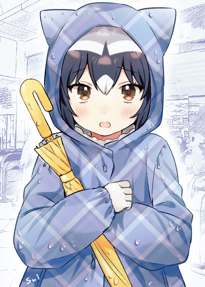 1girl alternate_costume animal_ears blue_hair blue_raincoat blush brown_eyes commentary_request common_raccoon_(kemono_friends) crossed_arms eyebrows_visible_through_hair grey_hair holding holding_umbrella hood kemono_friends looking_at_viewer multicolored_hair open_mouth raccoon_ears raccoon_tail rain raincoat short_hair solo suicchonsuisui tail umbrella upper_body white_hair yellow_umbrella