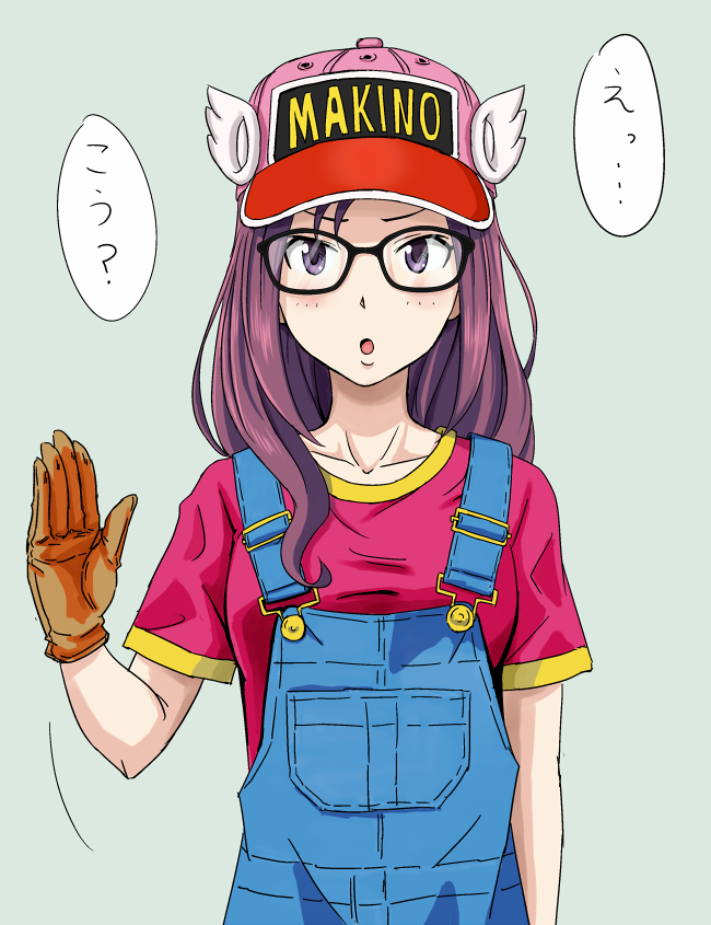 1girl :o anbj black-framed_eyewear breasts brown_gloves cosplay dr._slump glasses gloves hat idolmaster idolmaster_cinderella_girls medium_breasts norimaki_arale norimaki_arale_(cosplay) open_mouth overalls purple_hair red_shirt shirt solo translation_request upper_body violet_eyes wavy_hair yagami_makino