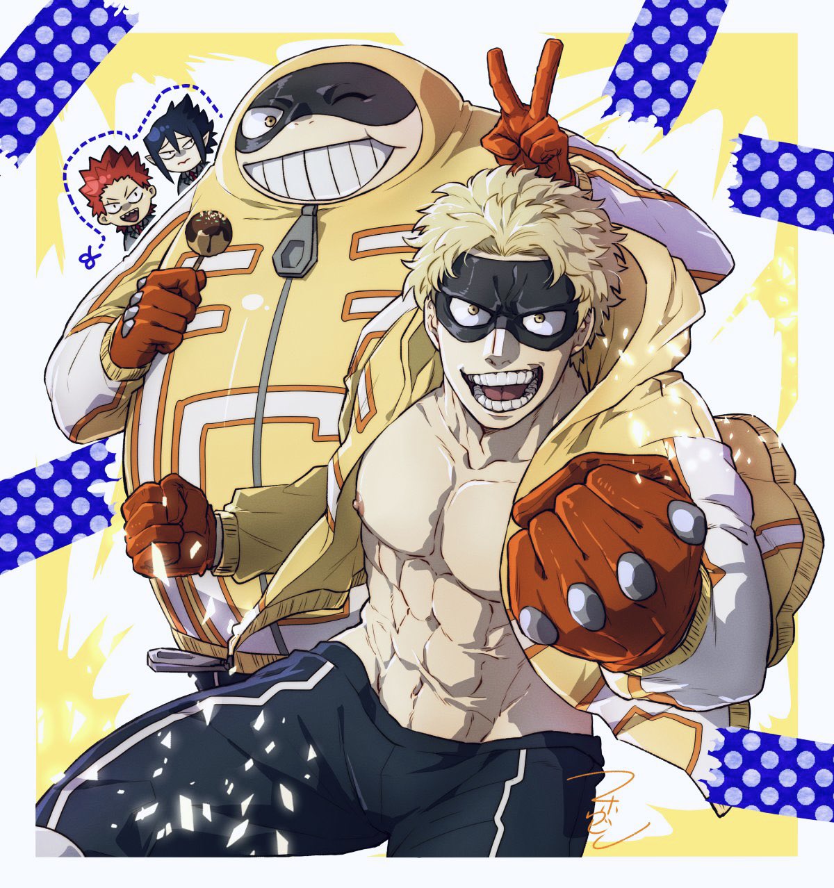 3boys abs bare_pecs black_hair blonde_hair blue_eyes boku_no_hero_academia character_request cropped_legs eye_mask fat fat_man fatgum food gloves highres hood hooded_jacket jacket looking_at_viewer mahoubin_(totemo_hot_dayo) male_focus mask multiple_boys muscular muscular_male navel nipples open_clothes open_jacket pants pectorals red_gloves short_hair smile spiky_hair sukiyaki thighs track_pants v yellow_jacket