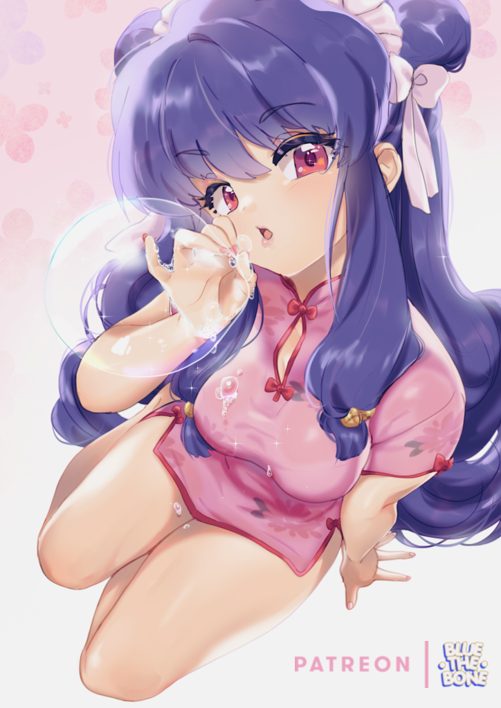 1girl :o arm_support bluethebone breasts bubble bubble_blowing china_dress chinese_clothes double_bun dress from_above long_hair looking_at_viewer pink_dress pinup_(style) purple_hair ranma_1/2 red_eyes shampoo_(ranma_1/2) short_dress sitting solo