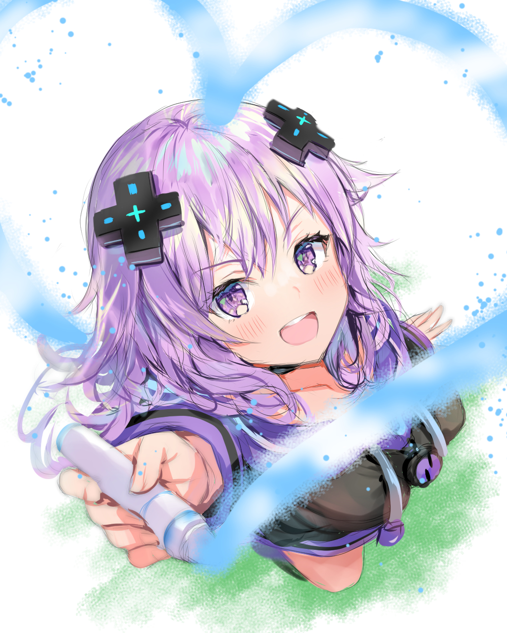 1girl :d adult_neptune aisu_(icicleshot) arm_up black_choker black_jacket blush breasts choker d-pad d-pad_hair_ornament from_above full_body hair_between_eyes hair_ornament happy heart highres holding hood hooded_jacket jacket long_hair looking_at_viewer looking_up medium_breasts neptune_(series) open_mouth painting shin_jigen_game_neptune_vii smile solo upper_teeth usb very_long_hair zipper_pull_tab