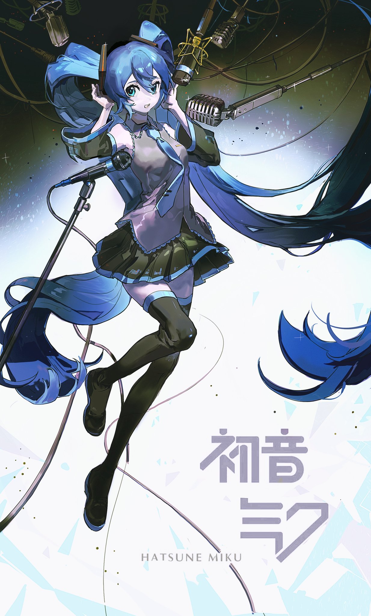 1girl aqua_eyes aqua_hair aqua_neckwear bare_shoulders black_legwear black_skirt black_sleeves boots cable character_name commentary copyright_name detached_sleeves floating full_body grey_shirt hair_ornament hands_on_headphones hatsune_miku headphones highres long_hair looking_at_viewer microphone microphone_cord microphone_stand miniskirt necktie neonneon321 open_mouth pleated_skirt shirt skirt sleeveless sleeveless_shirt solo thigh-highs thigh_boots twintails very_long_hair vocaloid zettai_ryouiki