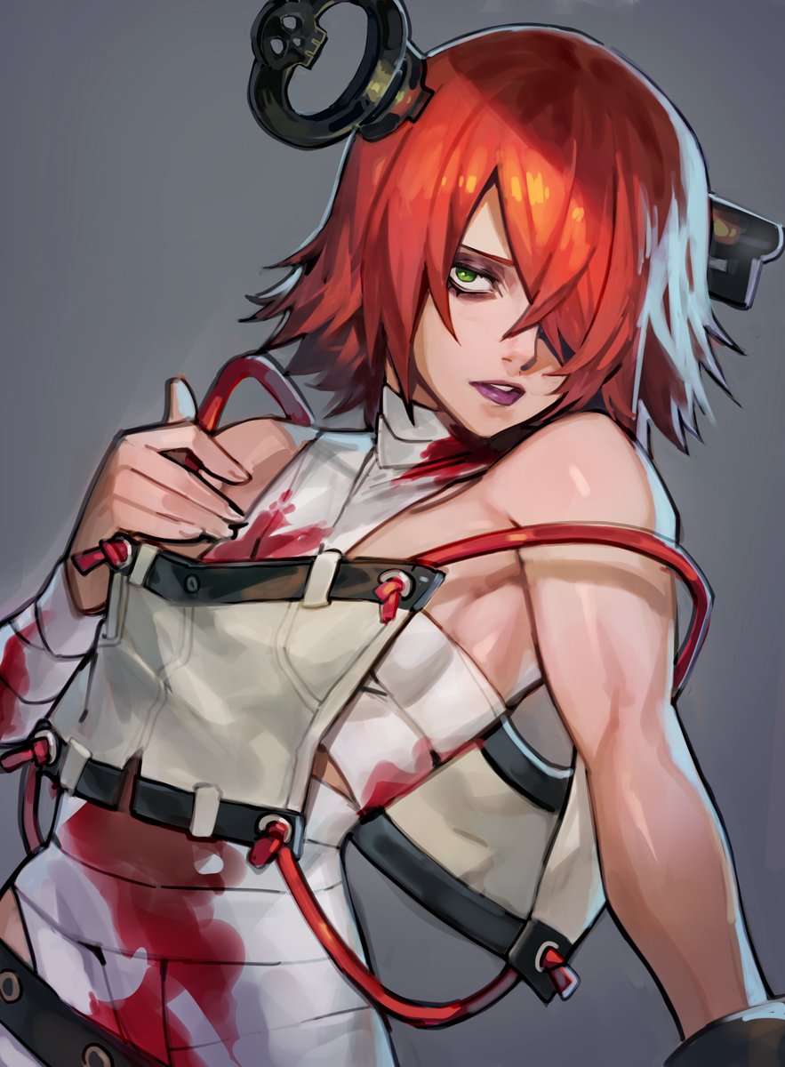 1girl a.b.a bags_under_eyes bandages blood bloody_bandages breasts gloves green_eyes grey_background guilty_gear guilty_gear_xx hair_between_eyes hair_over_one_eye hand_on_own_chest highres key lips lipstick looking_at_viewer makeup medium_breasts purple_lips redhead short_hair simple_background solo uncle_rabbit_ii upper_body