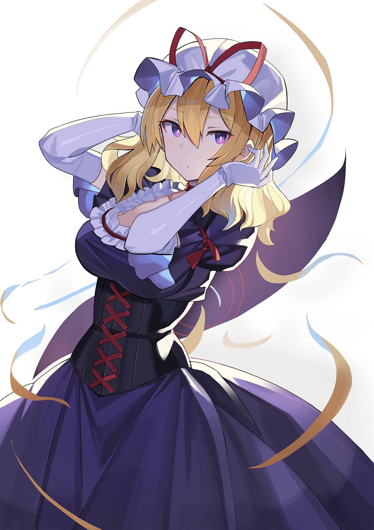1girl alternate_hair_length alternate_hairstyle arm_garter arms_up bangs blonde_hair breasts bright_pupils choker closed_mouth commentary corset cowboy_shot cross-laced_clothes dress elbow_gloves eyebrows_visible_through_hair frilled_dress frilled_hat frills gap_(touhou) gloves hair_between_eyes hat hat_ribbon highres large_breasts light_blush looking_at_viewer medium_hair mob_cap puffy_short_sleeves puffy_sleeves purple_dress red_choker red_ribbon ribbon rin_falcon scoop_neck severed_hair short_sleeves sidelocks simple_background sleeve_ribbon solo touhou violet_eyes white_background white_gloves white_headwear white_pupils yakumo_yukari