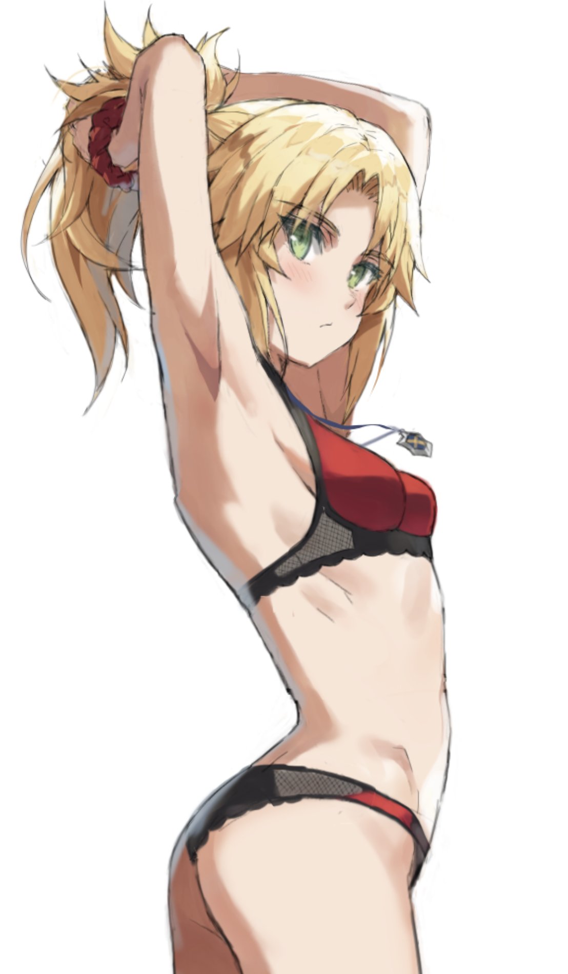 1girl armpits arms_behind_head arms_up ass bangs black_panties blonde_hair bra braid breasts fate/apocrypha fate_(series) french_braid green_eyes hair_ornament hair_scrunchie highres long_hair looking_at_viewer mordred_(fate) mordred_(fate)_(all) panties parted_bangs ponytail red_bra scrunchie sidelocks small_breasts tonee tying_hair underwear
