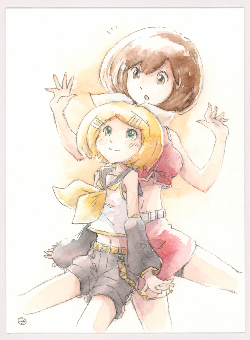 2girls :o ^^^ alternate_hairstyle arm_warmers bangs bare_shoulders belt black_collar black_shorts black_sleeves blonde_hair blue_eyes bow brown_eyes brown_hair collar commentary cowboy_shot crop_top epoxy_putty hair_bow hair_ornament hairclip hands_up kagamine_rin looking_at_another looking_down looking_up meiko midriff miniskirt multiple_girls navel neckerchief open_mouth red_shirt red_skirt sailor_collar school_uniform shirt short_hair short_shorts shorts skirt sleeveless sleeveless_shirt smile stomach surprised swept_bangs traditional_media vocaloid white_bow white_shirt yellow_neckwear