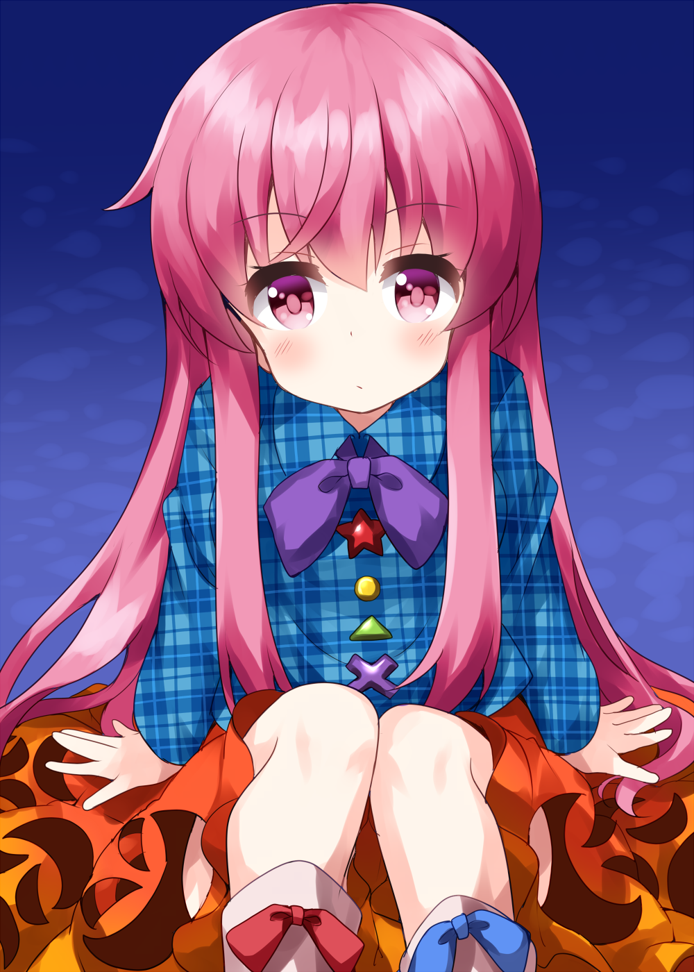 1girl aqua_shirt bangs blue_background blue_bow bow bowtie bubble_skirt circle closed_mouth collared_shirt cross expressionless eyebrows_visible_through_hair footwear_bow gradient gradient_background hata_no_kokoro highres long_hair long_sleeves looking_at_viewer orange_skirt pink_eyes pink_hair plaid plaid_shirt purple_bow purple_neckwear red_bow ruu_(tksymkw) shirt sitting skirt solo star_(symbol) touhou triangle white_footwear