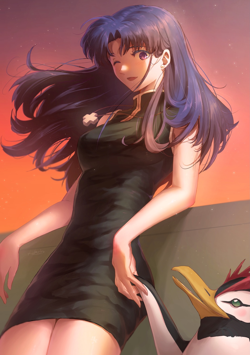 1girl ;d arm_support bangs bird black_dress breasts cross cross_necklace dress earrings evening green_eyes highres holding_hands jewelry katsuragi_misato kobarin leaning_back long_hair looking_at_viewer medium_breasts necklace neon_genesis_evangelion one_eye_closed open_mouth orange_sky parted_bangs penguin penpen purple_hair short_dress sky smile stud_earrings taut_clothes taut_dress wind