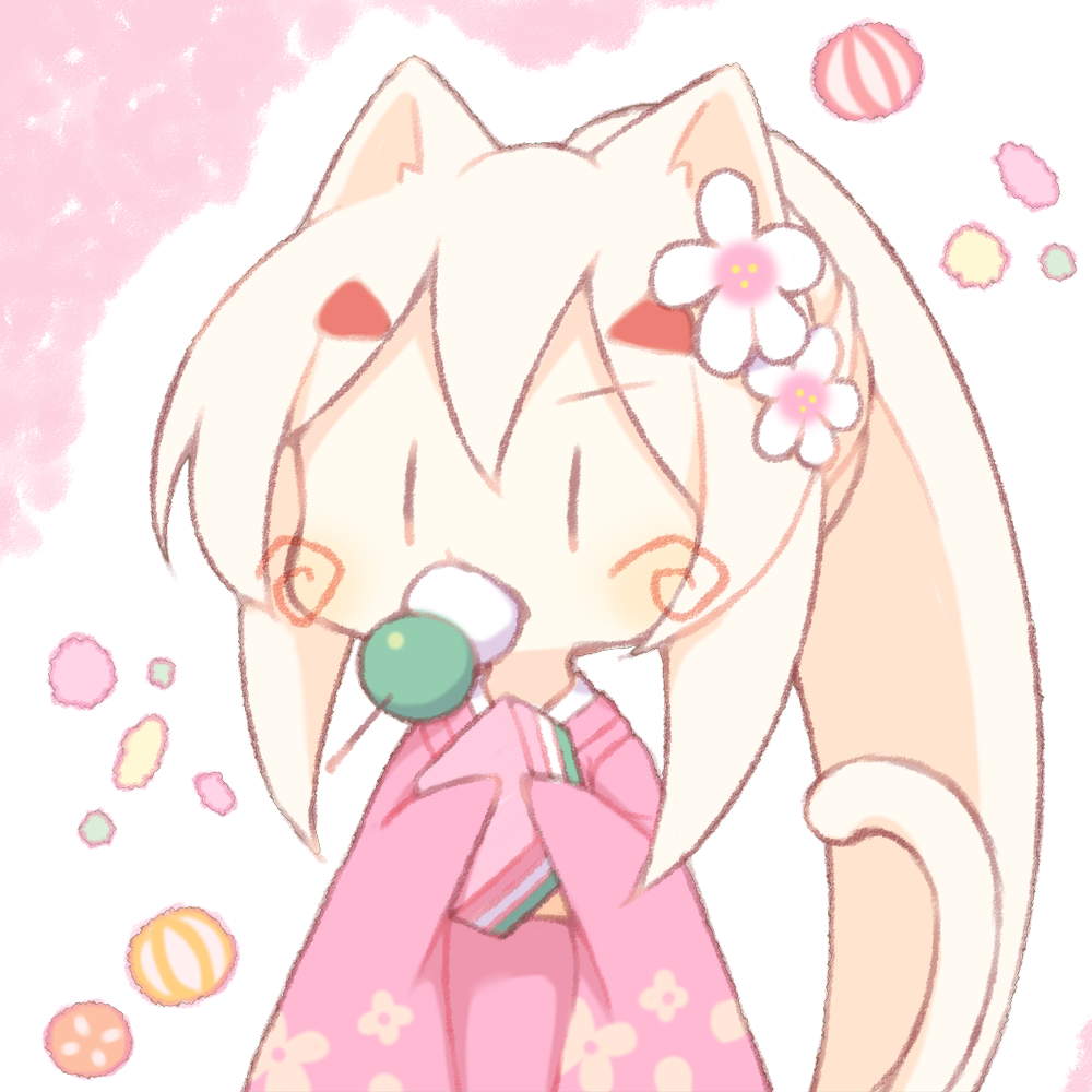 1girl animal_ear_fluff animal_ears ayanami_(azur_lane) azur_lane bangs blush cat_ears cat_girl cat_tail chibi dango eyebrows_visible_through_hair flower food food_in_mouth hair_between_eyes hair_flower hair_ornament hairclip hishimochi japanese_clothes kemonomimi_mode kimono light_brown_hair long_hair long_sleeves pink_kimono ponytail sakurato_ototo_shizuku sanshoku_dango sleeves_past_fingers sleeves_past_wrists solo tail very_long_hair wagashi white_background white_flower |_|