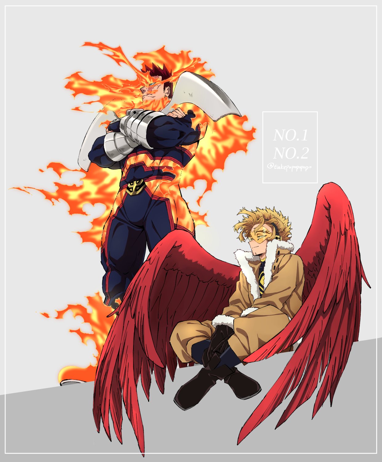 2boys armor blonde_hair blue_bodysuit bodysuit boku_no_hero_academia boots bulge covered_abs crossed_arms facial_hair feathered_wings fire hawks_(boku_no_hero_academia) highres male_focus mature_male multiple_boys muscular muscular_male pauldrons popo_take red_wings redhead scar scar_across_eye short_hair shoulder_armor sideburns sitting spiky_hair standing stubble thick_thighs thighs todoroki_enji vambraces wings