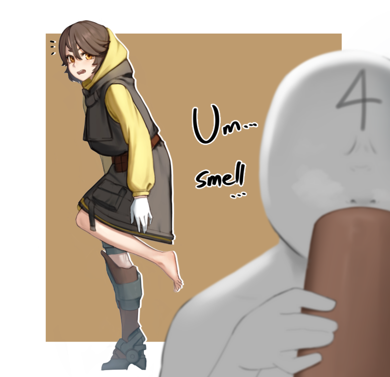 1boy 1girl ^^^ beeeeen boots brown_eyes brown_hair commander_(last_origin) english_text faceless faceless_male full_body hair_between_eyes hood hoodie last_origin open_mouth short_hair single_boot smelling smelling_clothes t-50_px_silky yellow_hoodie