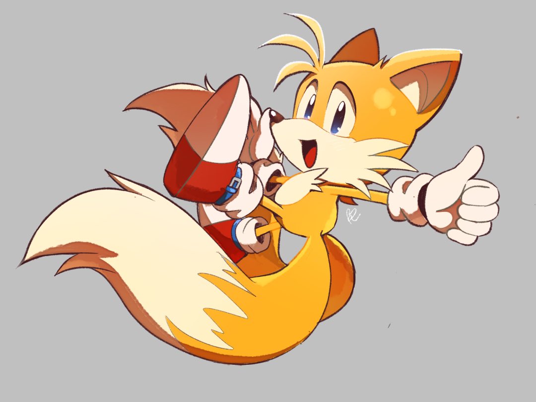 1boy :d animal_nose blue_eyes commentary_request floating fox_boy full_body gloves grey_background male_focus misuta710 multiple_tails open_mouth red_footwear simple_background smile snout sonic_(series) tail tails_(sonic) thumbs_up two_tails white_gloves