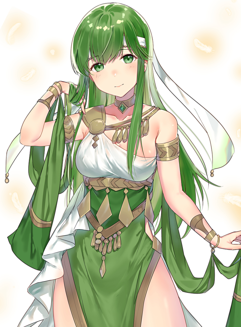 1girl accessories arm_up bangs blush breasts closed_mouth dancer dancer_(three_houses) dress fire_emblem fire_emblem:_mystery_of_the_emblem green_eyes green_hair haru_(nakajou-28) headband jewelry long_hair necklace palla_(fire_emblem) simple_background smile solo solo_focus thighs