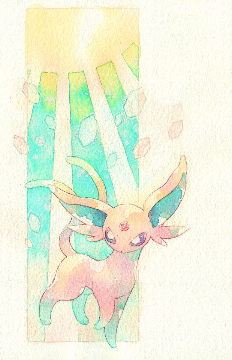 animal_ear_fluff commentary_request creature espeon forked_tail full_body gen_2_pokemon highres light_rays looking_to_the_side no_humans paws pokemon pokemon_(creature) rrrpct solo standing sun tail toes traditional_media watercolor_(medium) white_eyes