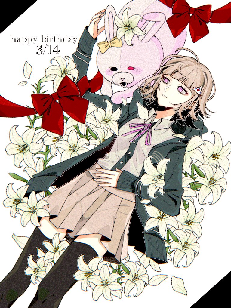 1girl bangs black_legwear black_shirt bow brown_hair brown_skirt collared_shirt cowboy_shot dangan_ronpa_(series) dangan_ronpa_2:_goodbye_despair dated dress_shirt ear_bow flipped_hair flower hair_ornament happy_birthday hood hood_down hooded_jacket jacket kuma_no_(y6lnv) light_brown_hair lily_(flower) long_sleeves lying medium_hair monomi_(dangan_ronpa) nanami_chiaki neck_ribbon on_back on_flower open_clothes open_jacket pink_eyes pink_ribbon pleated_skirt red_bow ribbon shirt shirt_tucked_in skirt thigh-highs white_shirt zettai_ryouiki