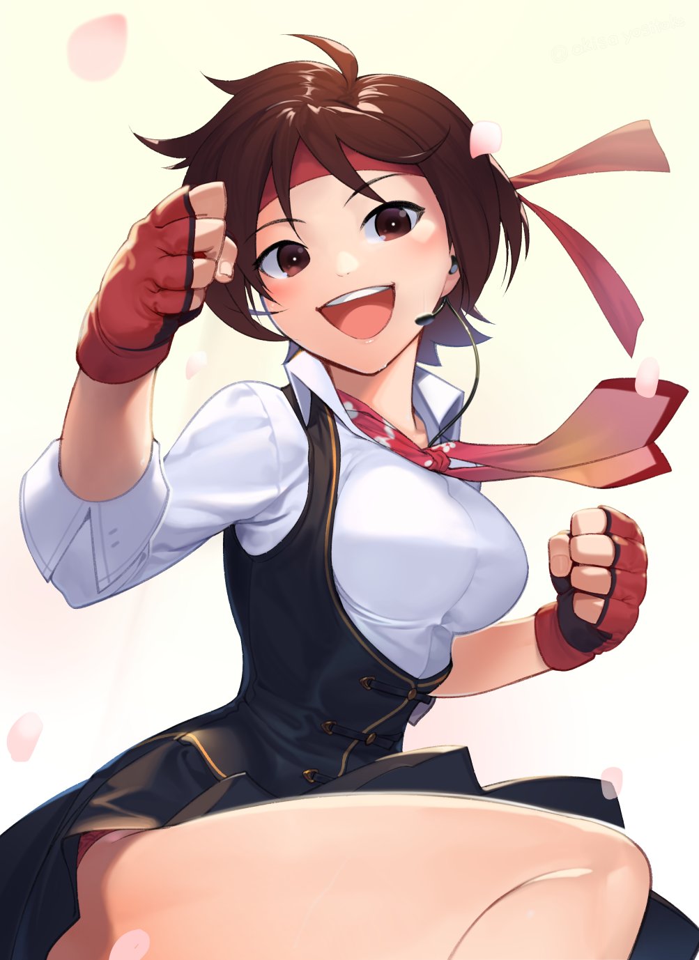 1girl akisa_(12023648) blush bow bowtie breasts brown_eyes brown_hair cherry_blossoms collared_shirt earpiece fighting_stance fingerless_gloves gloves headband highres kasugano_sakura large_breasts microphone miniskirt open_mouth petals red_gloves shirt simple_background skirt smile solo street_fighter street_fighter_v thighs vest white_background