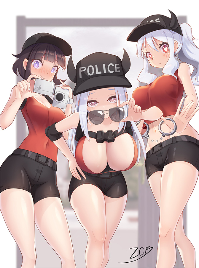 3girls artist_name azazel_(helltaker) bangs bare_arms bare_shoulders baseball_cap belt black_belt black_hair black_headwear black_shorts blunt_bangs blush breasts camera commentary covered_navel crop_top cuffs elbow_pads feet_out_of_frame hair_between_eyes hand_on_hip handcuffs hands_up hat heart heart-shaped_pupils helltaker holding holding_camera holding_eyewear horns horns_through_headwear justice_(helltaker) large_breasts long_hair looking_at_viewer medium_breasts midriff modeus_(helltaker) multiple_girls navel nose_blush ponytail red_eyes red_shirt red_tank_top shirt short_hair short_shorts shorts sidelocks signature silver_hair sleeveless sleeveless_shirt standing stomach sunglasses symbol-shaped_pupils tank_top thighs violet_eyes z.o.b