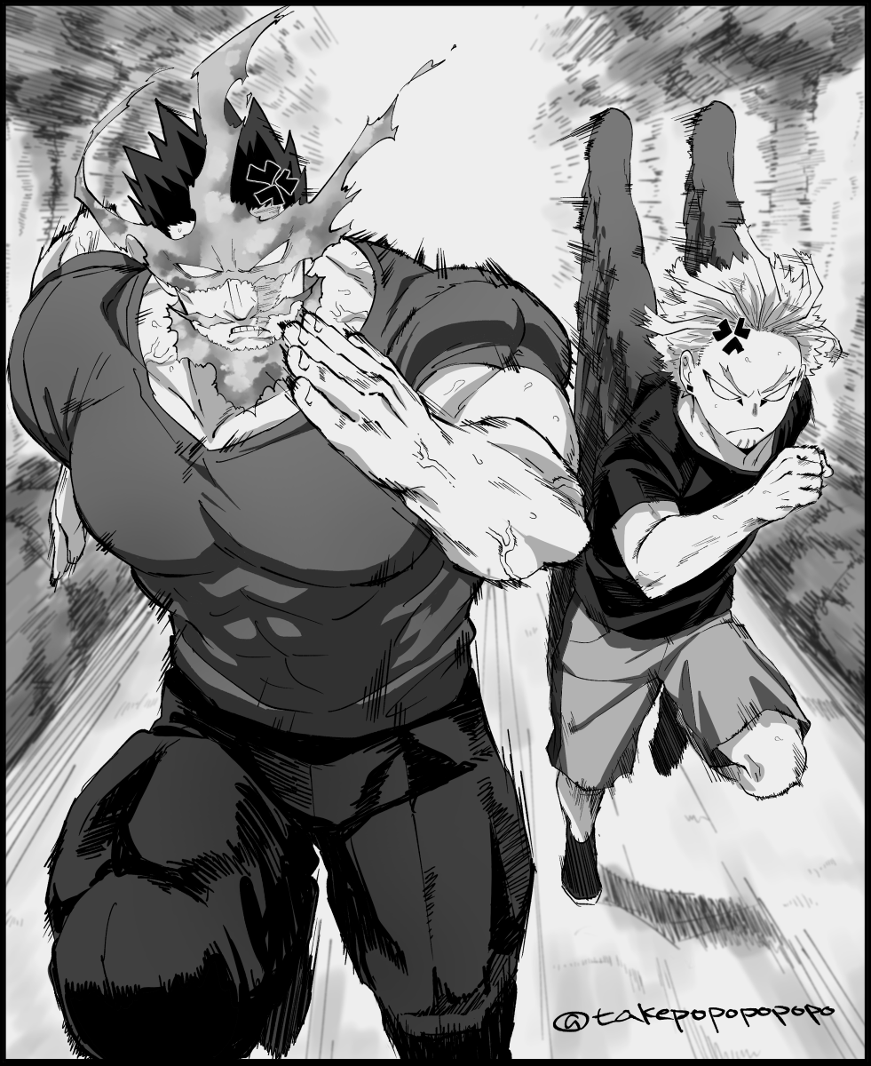 2boys alternate_costume anger_vein boku_no_hero_academia couple covered_abs facial_hair feathered_wings full_body greyscale hawks_(boku_no_hero_academia) highres large_pectorals male_focus mature_male monochrome multiple_boys muscular muscular_male popo_take running scar scar_across_eye shirt short_hair sideburns spiky_hair stubble tight tight_shirt todoroki_enji veins wings