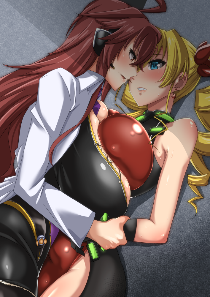 2girls ahoge asymmetrical_docking ayuayu_(shouyu_no_sato) bangs bare_shoulders black_gloves blonde_hair blue_eyes blush bodysuit breast_press breasts claire_harvey drill_hair earrings eyebrows_visible_through_hair gloves holding_another's_arm huge_breasts hundred jewelry long_hair long_sleeves looking_at_another multiple_girls parted_lips red_hair sleeveless twintails vitaly_tynyanov yellow_eyes yuri
