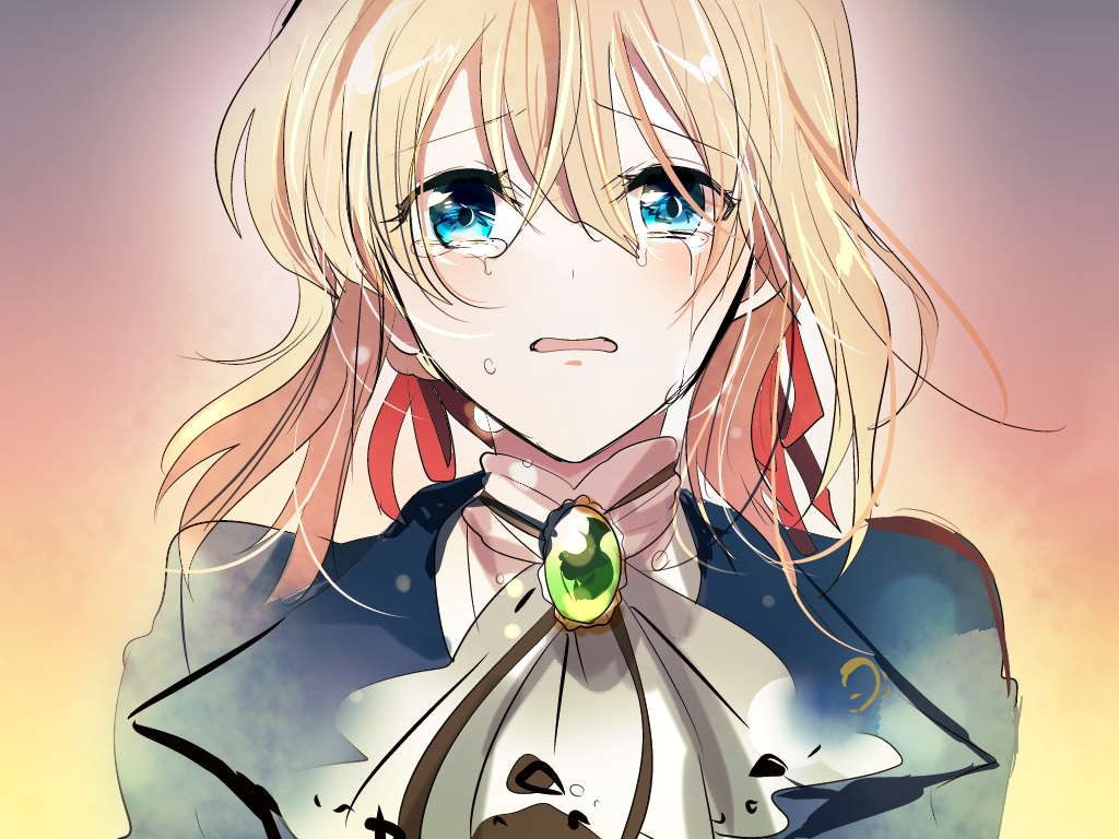 1girl bangs blonde_hair blue_jacket crying crying_with_eyes_open eyebrows_visible_through_hair hair_between_eyes hair_ribbon jacket looking_at_viewer medium_hair open_mouth portrait red_ribbon ribbon shiny shiny_hair shumiko_(kamenokoueki) solo tears violet_evergarden violet_evergarden_(character) wavy_mouth white_neckwear