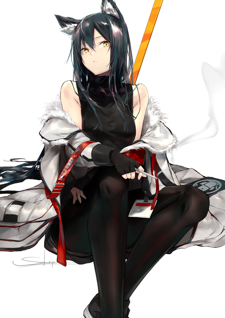1girl animal_ear_fluff animal_ears arknights artist_name bangs bare_shoulders black_footwear black_gloves black_hair black_legwear black_shirt cigarette commentary_request feet_out_of_frame fingerless_gloves gloves holding holding_cigarette long_hair long_sleeves looking_at_viewer off_shoulder pantyhose sakusyo shirt shoes signature simple_background sitting sleeveless sleeveless_shirt solo texas_(arknights) white_background wolf_ears yellow_eyes