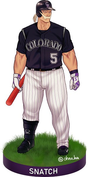 1boy baseball_bat baseball_helmet black_footwear black_shirt boku_no_hero_academia character_name clenched_hand colorado_rockies facial_hair full_body gloves grass helmet higawara_sajin jersey male_focus muscular mustache ono_(ohno_ha) pants ponytail shirt solo standing striped striped_pants white_hair