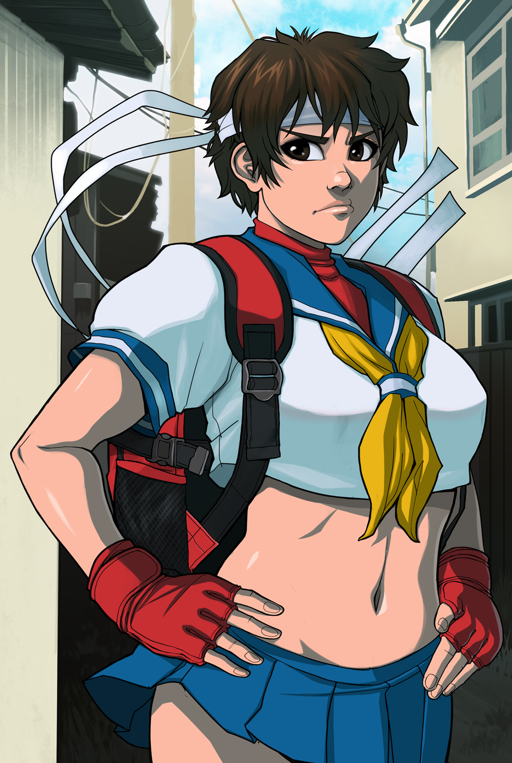 1girl abs backpack bag belly crop_top exmile fingerless_gloves gloves hands_on_hips highres kasugano_sakura looking_to_the_side midriff navel school_uniform short_hair skirt street_fighter white_bandana