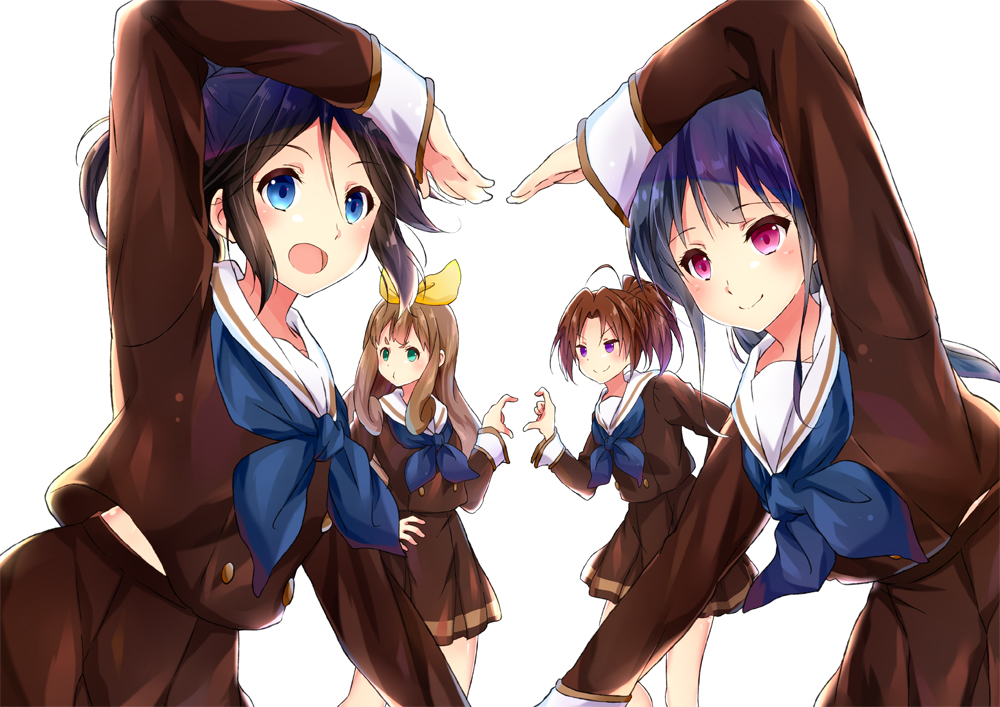 4girls :d black_hair blonde_hair blue_hair blue_neckwear blush brown_hair brown_shirt brown_skirt closed_mouth hair_ribbon hibike!_euphonium kasaki_nozomi kitauji_high_school_uniform komugiko liz_to_aoi_tori long_hair long_sleeves looking_at_another looking_at_viewer multiple_girls nakagawa_natsuki neckerchief open_mouth pleated_skirt pointing ponytail ribbon sailor_collar school_uniform serafuku shirt skirt smile standing uniform white_sailor_collar yellow_ribbon yoroizuka_mizore yoshikawa_yuuko