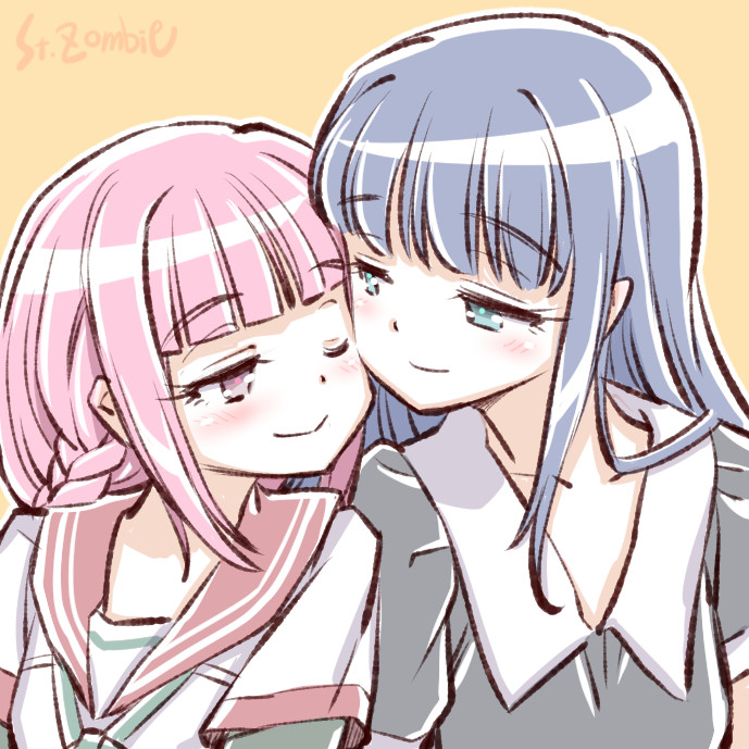 2girls artist_name blue_hair blush cheek-to-cheek long_hair magia_record:_mahou_shoujo_madoka_magica_gaiden mahou_shoujo_madoka_magica multiple_girls nanami_yachiyo one_eye_closed pink_hair school_uniform serafuku smile studiozombie tamaki_iroha yuri