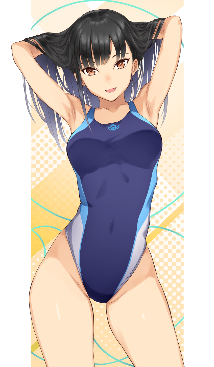 1girl armpits arms_up bangs black_hair breasts brown_eyes competition_swimsuit cowboy_shot fitness_boxing highleg highleg_swimsuit highres long_hair looking_at_viewer medium_breasts one-piece_swimsuit open_mouth serizawa_(serizawaroom) solo swimsuit