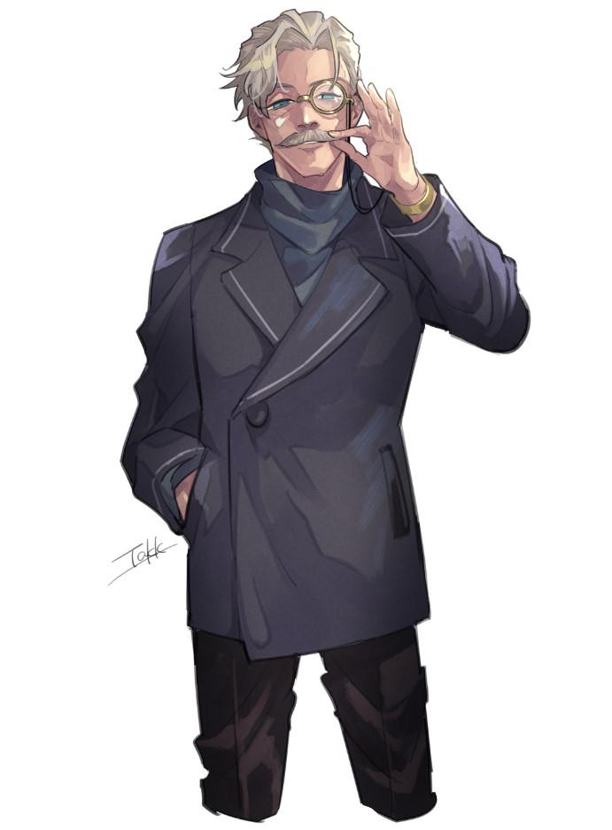 1boy blue_eyes bracelet facial_hair fate/grand_order fate_(series) grey_hair hand_in_pocket jacket james_moriarty_(fate) jewelry male_focus monocle monocle_chain mustache old old_man simple_background solo standing takku_(takk25) white_background