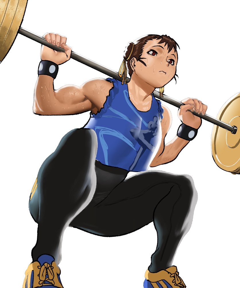 1girl barbell biceps black_bodysuit blue_tank_top bodysuit brown_eyes brown_hair cessa chun-li commission crop_top double_bun english_commentary exercise fingernails from_below hair_ribbon muscular muscular_female ribbon shoes short_hair skin_tight sneakers solo street_fighter street_fighter_zero_(series) striped studded_bracelet sweat tank_top unitard vertical_stripes weightlifting white_background yellow_footwear
