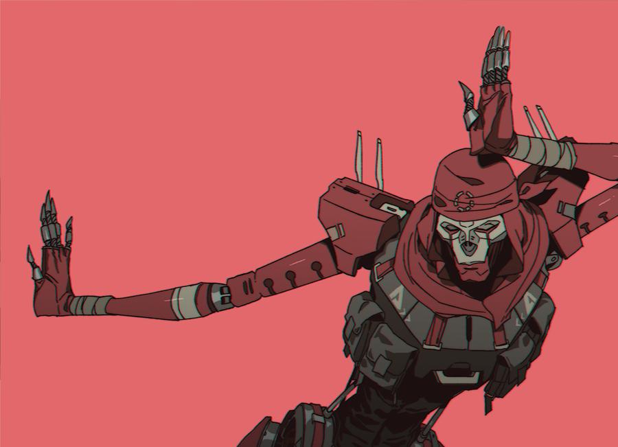 1boy apex_legends bandaged_arm bandages dancing easy_breezy eizouken_ni_wa_te_wo_dasu_na! grey_eyes humanoid_robot looking_down male_focus no_humans open_hands parody piston red_background red_bandana revenant_(apex_legends) sarah_stone science_fiction simulacrum_(titanfall) solo